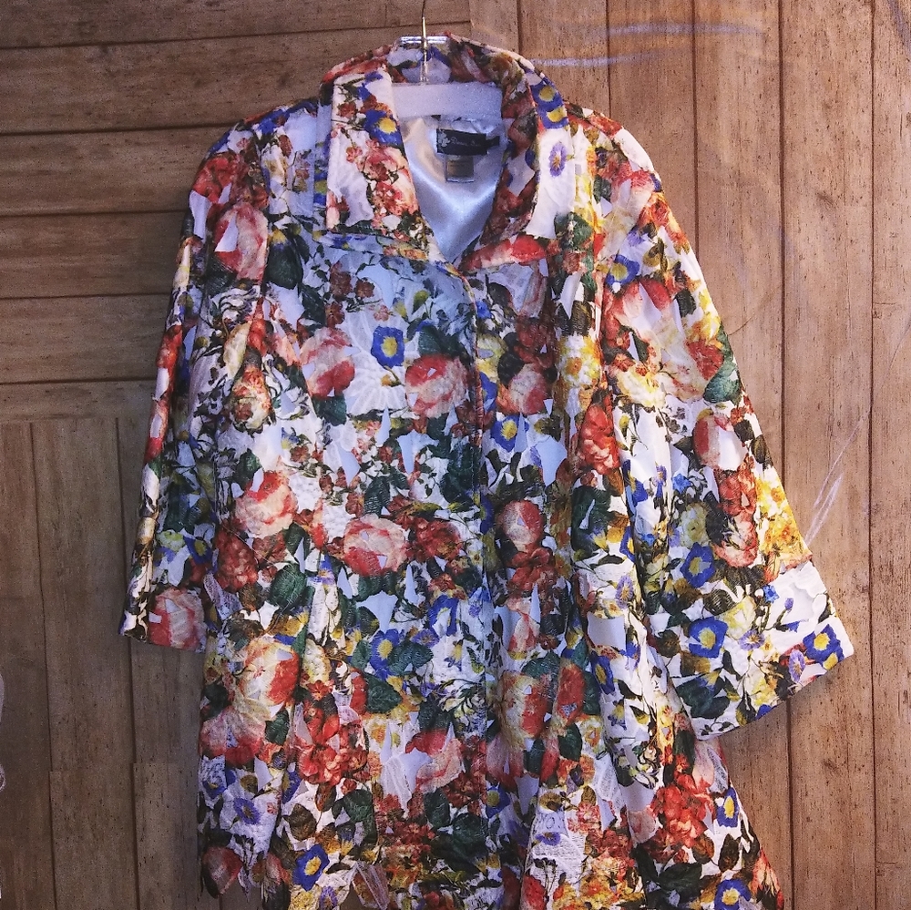 INC International Concepts White Floral Trench Coat with Multicolor Blooms